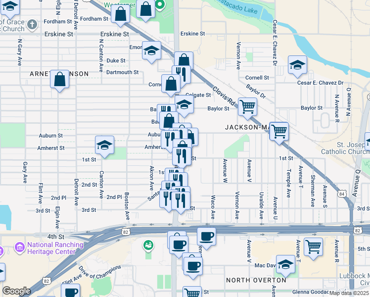 map of restaurants, bars, coffee shops, grocery stores, and more near 104 N University Ave in Lubbock