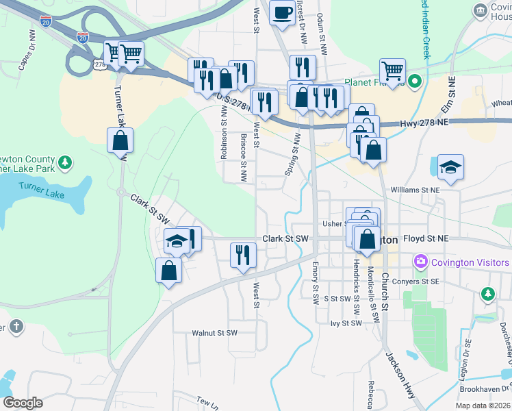 map of restaurants, bars, coffee shops, grocery stores, and more near 3152 West Street in Covington