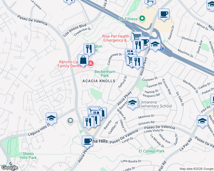 map of restaurants, bars, coffee shops, grocery stores, and more near 25032 Silverleaf Lane in Laguna Hills