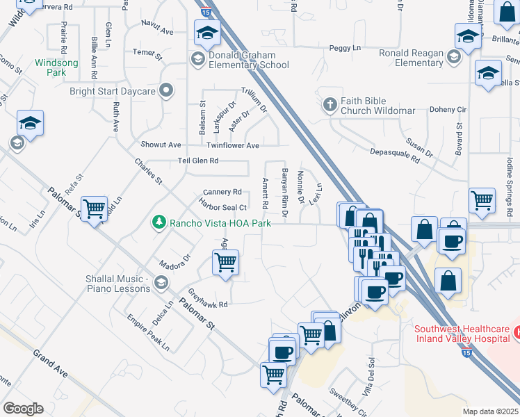 map of restaurants, bars, coffee shops, grocery stores, and more near 35949 Arnett Road in Wildomar