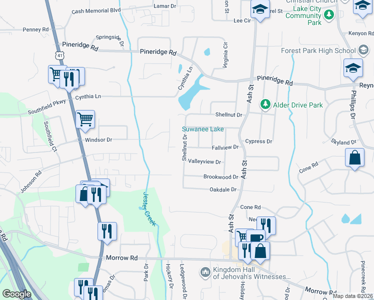 map of restaurants, bars, coffee shops, grocery stores, and more near 631 Fallview Drive in Forest Park