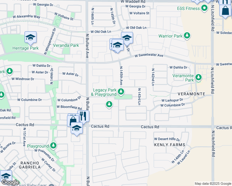 map of restaurants, bars, coffee shops, grocery stores, and more near 14518 West Larkspur Drive in Surprise
