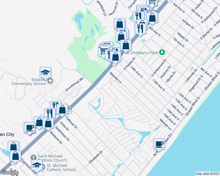 map of restaurants, bars, coffee shops, grocery stores, and more near 212 Sandpebble in Myrtle Beach