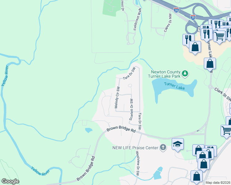 map of restaurants, bars, coffee shops, grocery stores, and more near 9279 Melody Circle Southwest in Covington