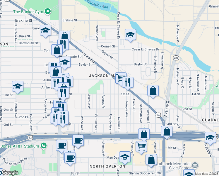 map of restaurants, bars, coffee shops, grocery stores, and more near 107 North Uvalde Avenue in Lubbock