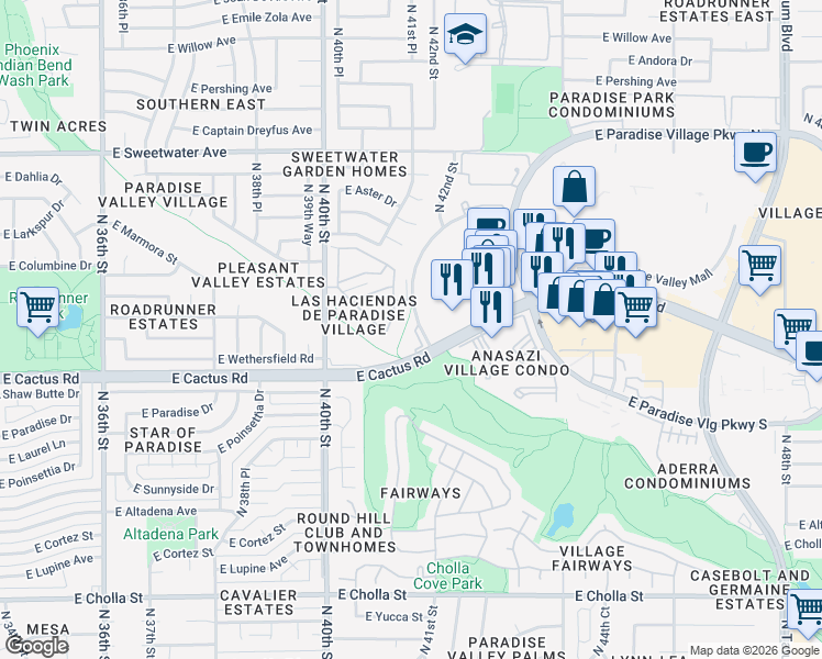 map of restaurants, bars, coffee shops, grocery stores, and more near 12401 North 41st Place in Phoenix