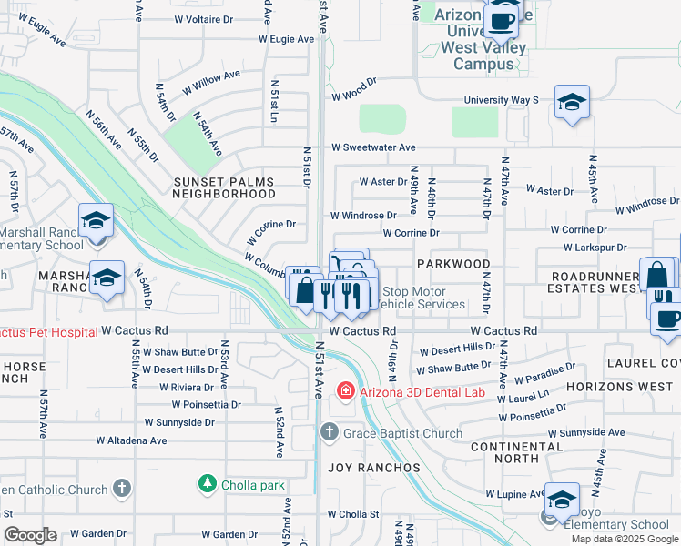map of restaurants, bars, coffee shops, grocery stores, and more near 5023 West Columbine Drive in Glendale