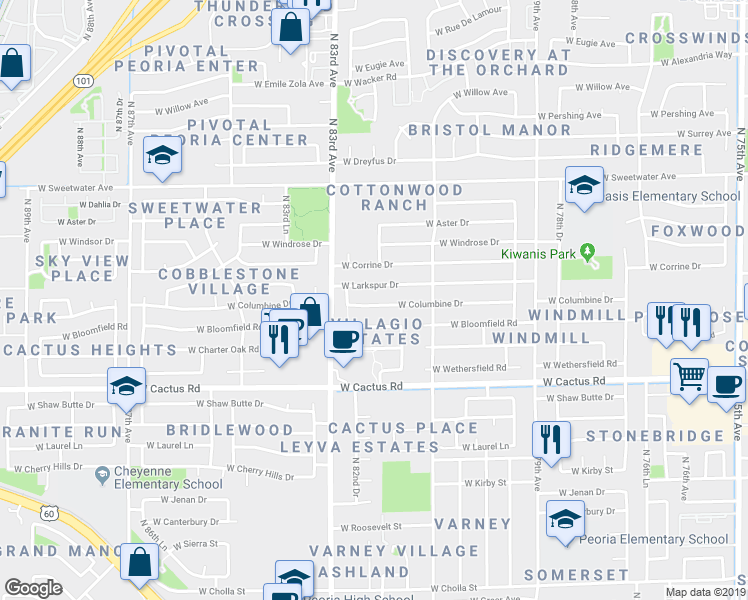 map of restaurants, bars, coffee shops, grocery stores, and more near 8208 West Columbine Drive in Peoria