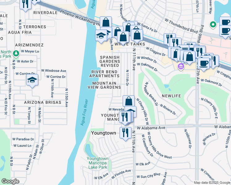 map of restaurants, bars, coffee shops, grocery stores, and more near 12600 North 113th Avenue in Youngtown