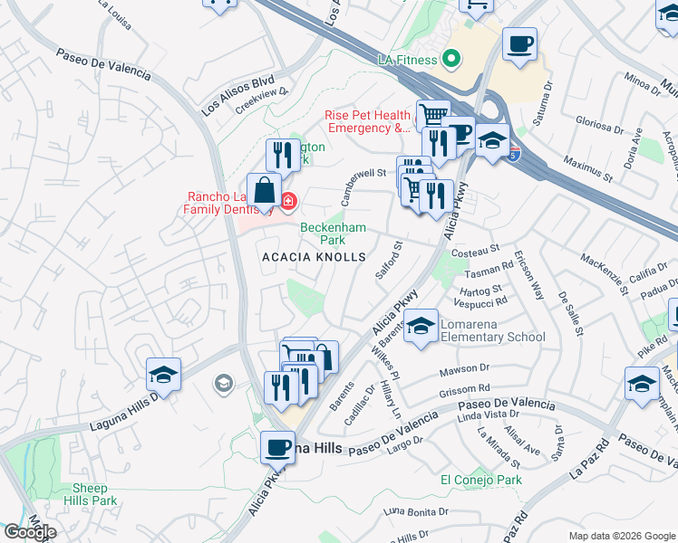 map of restaurants, bars, coffee shops, grocery stores, and more near 25032 Silverleaf Lane in Laguna Hills
