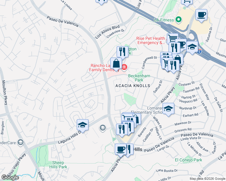 map of restaurants, bars, coffee shops, grocery stores, and more near 25061 Sunset Place East in Laguna Hills