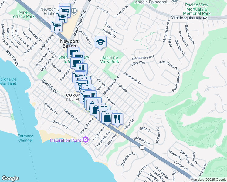 map of restaurants, bars, coffee shops, grocery stores, and more near 704 1/2 Marigold Avenue in Newport Beach