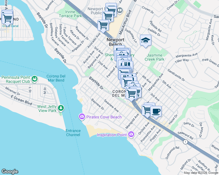 map of restaurants, bars, coffee shops, grocery stores, and more near 406 Goldenrod Avenue in Newport Beach