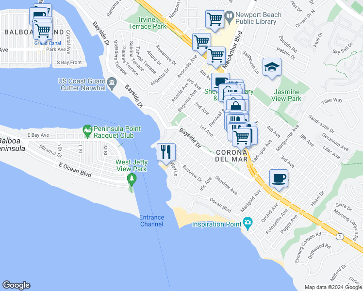 map of restaurants, bars, coffee shops, grocery stores, and more near 2601 Seaview Avenue in Newport Beach