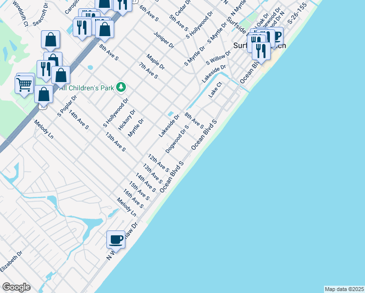 map of restaurants, bars, coffee shops, grocery stores, and more near 916A Ocean Boulevard South in Surfside Beach
