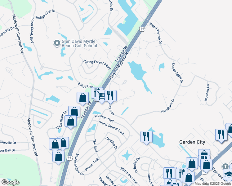 map of restaurants, bars, coffee shops, grocery stores, and more near 17 Woodlake Drive in Murrells Inlet