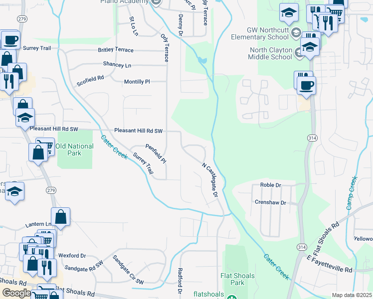 map of restaurants, bars, coffee shops, grocery stores, and more near 5751 North Castlegate Drive in Atlanta