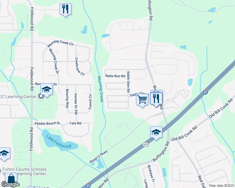 map of restaurants, bars, coffee shops, grocery stores, and more near 3425 Sable Chase Lane in Atlanta