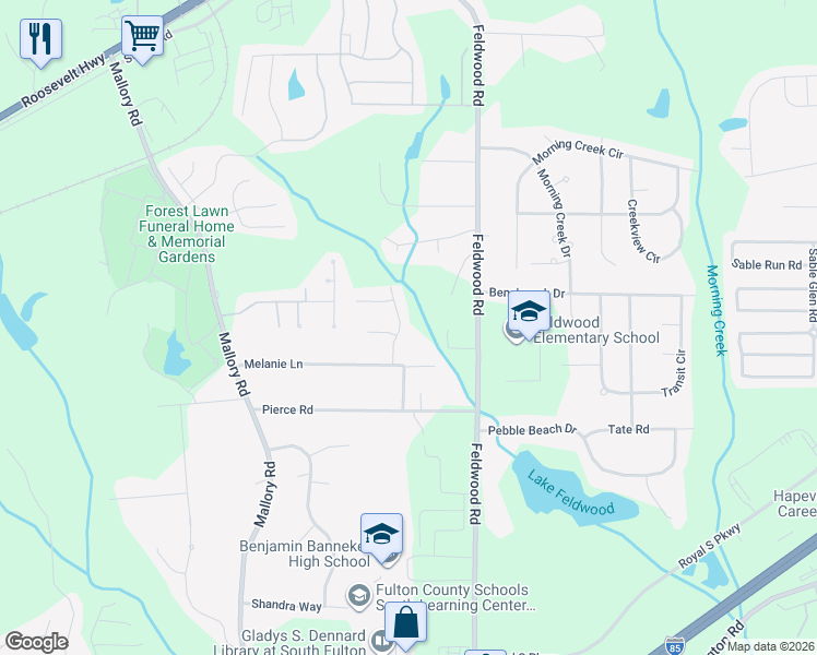 map of restaurants, bars, coffee shops, grocery stores, and more near 5740 Melanie Trail Southwest in College Park