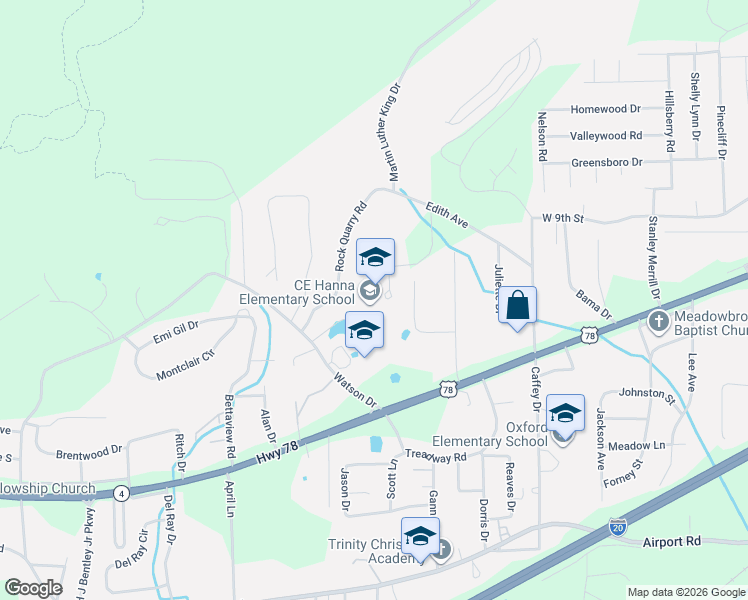 map of restaurants, bars, coffee shops, grocery stores, and more near 1111 Watson Drive in Oxford