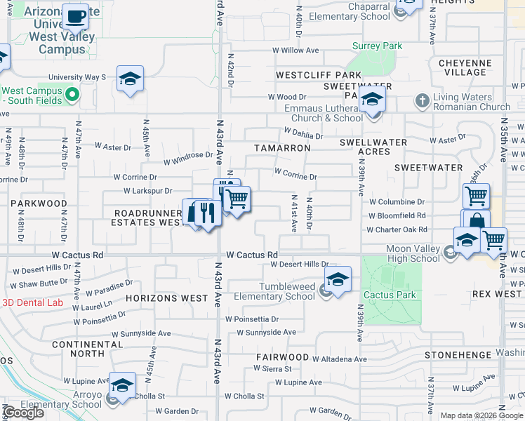 map of restaurants, bars, coffee shops, grocery stores, and more near 4157 West Bloomfield Road in Phoenix