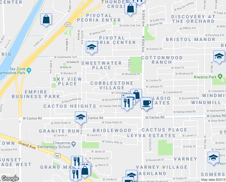 map of restaurants, bars, coffee shops, grocery stores, and more near 12502 North 85th Avenue in Peoria