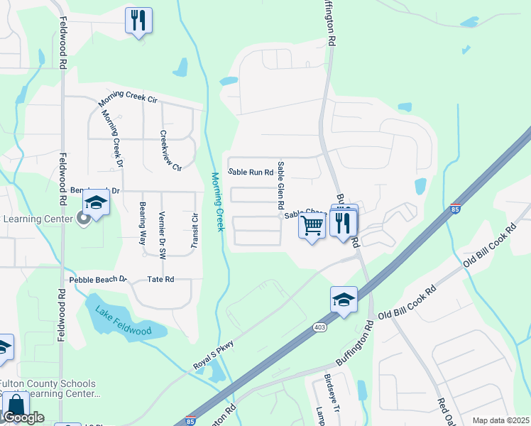 map of restaurants, bars, coffee shops, grocery stores, and more near 3417 Sable Chase Lane in Atlanta