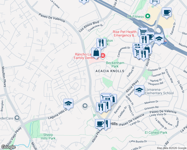 map of restaurants, bars, coffee shops, grocery stores, and more near 25061 Sunset Place East in Laguna Hills