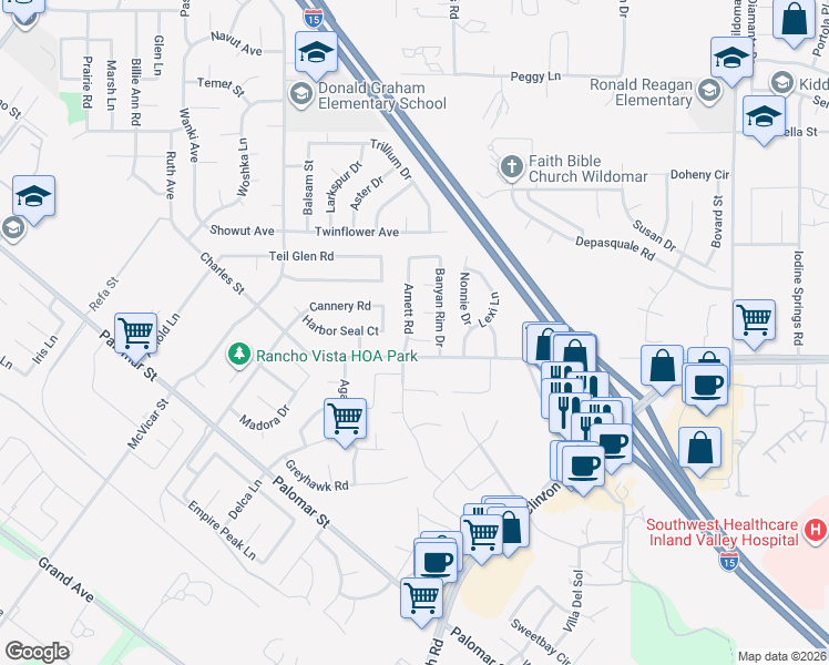 map of restaurants, bars, coffee shops, grocery stores, and more near 23278 Highland Oaks Court in Wildomar