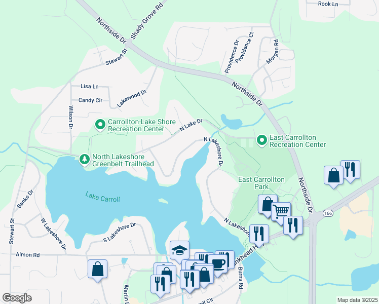map of restaurants, bars, coffee shops, grocery stores, and more near 424 North Lakeshore Drive in Carrollton
