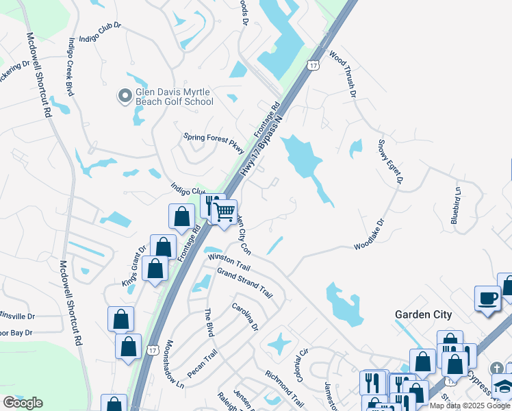 map of restaurants, bars, coffee shops, grocery stores, and more near 17 Woodlake Drive in Murrells Inlet