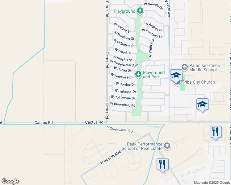 map of restaurants, bars, coffee shops, grocery stores, and more near 17857 West Larkspur Drive in Surprise