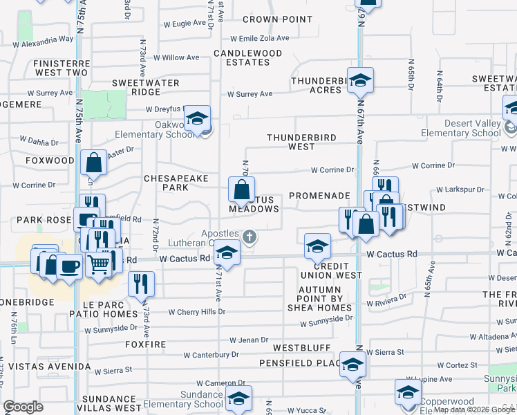 map of restaurants, bars, coffee shops, grocery stores, and more near 6944 West Bloomfield Road in Peoria