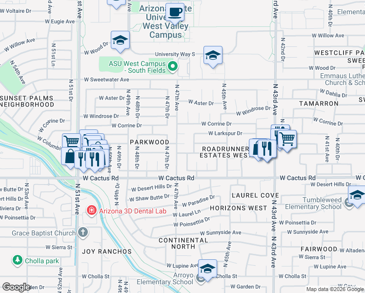 map of restaurants, bars, coffee shops, grocery stores, and more near 4621 West Columbine Drive in Glendale