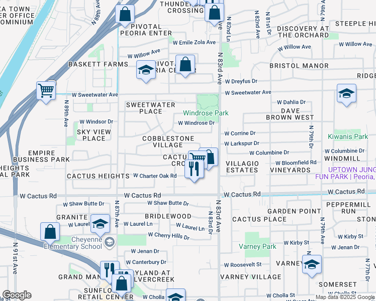 map of restaurants, bars, coffee shops, grocery stores, and more near 8414 West Columbine Drive in Peoria