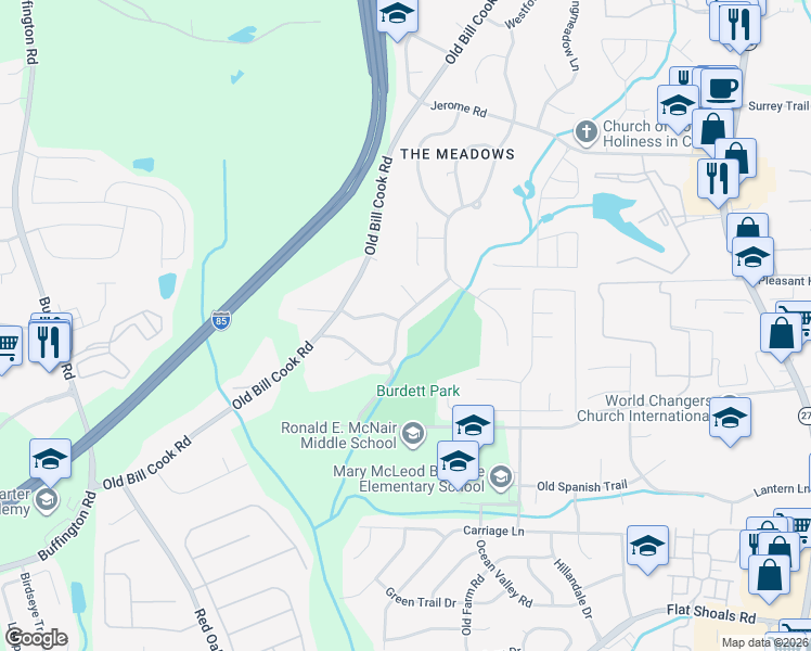 map of restaurants, bars, coffee shops, grocery stores, and more near 2834 The Meadows Way in College Park
