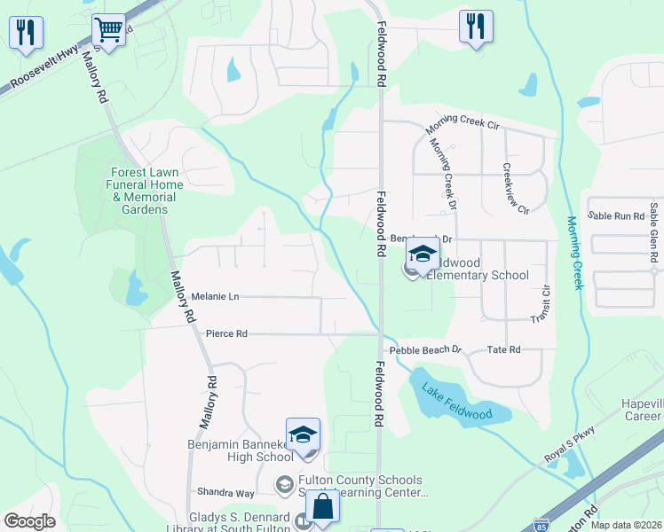 map of restaurants, bars, coffee shops, grocery stores, and more near 5740 Melanie Trail Southwest in College Park