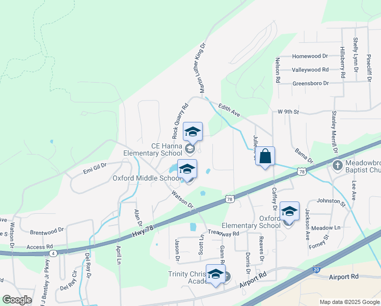 map of restaurants, bars, coffee shops, grocery stores, and more near 1111 Watson Drive in Oxford