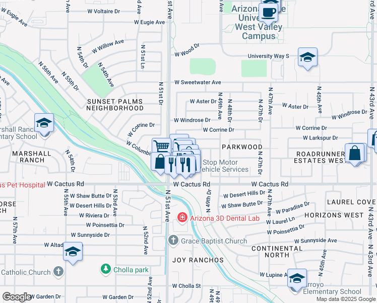 map of restaurants, bars, coffee shops, grocery stores, and more near 5023 West Columbine Drive in Glendale