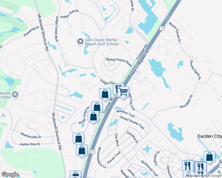 map of restaurants, bars, coffee shops, grocery stores, and more near 11500 Frontage Road in Murrells Inlet