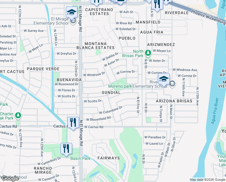map of restaurants, bars, coffee shops, grocery stores, and more near 12025 West Flores Drive in El Mirage