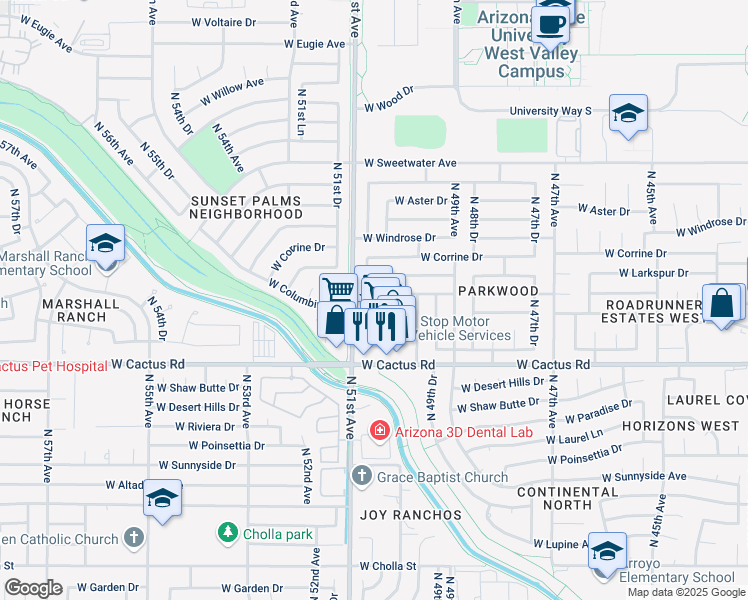 map of restaurants, bars, coffee shops, grocery stores, and more near 5023 West Columbine Drive in Glendale