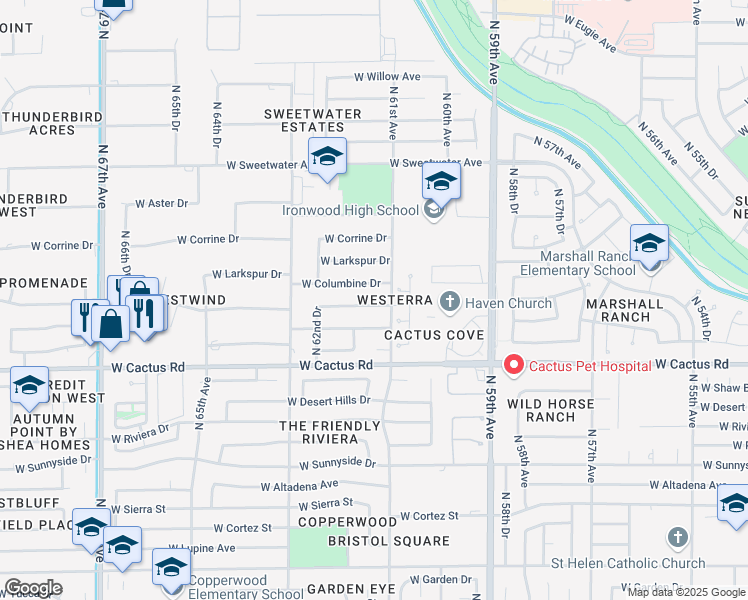 map of restaurants, bars, coffee shops, grocery stores, and more near 6114 West Bloomfield Road in Glendale