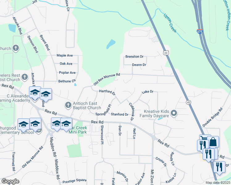 map of restaurants, bars, coffee shops, grocery stores, and more near 2520 Hartford Drive in Ellenwood