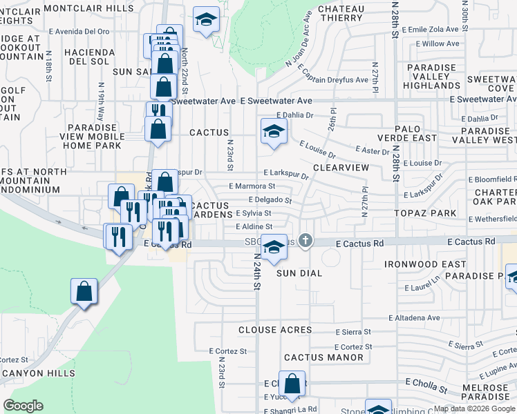 map of restaurants, bars, coffee shops, grocery stores, and more near 2400 East Sylvia Street in Phoenix