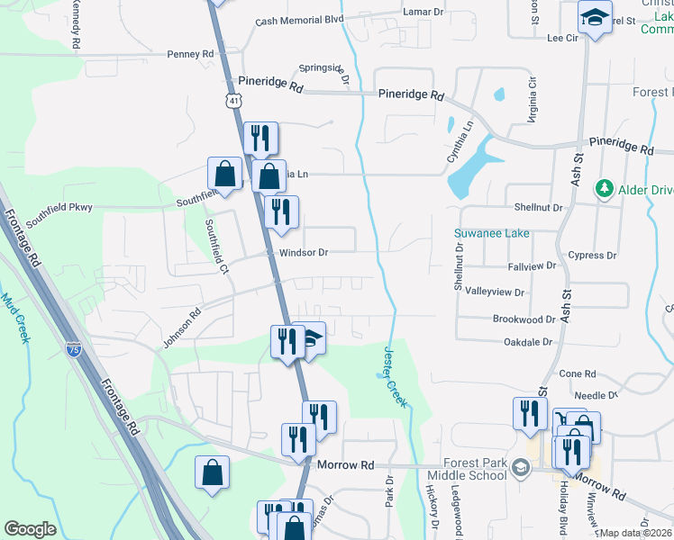 map of restaurants, bars, coffee shops, grocery stores, and more near 454 Johnson Road in Forest Park