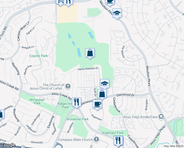 map of restaurants, bars, coffee shops, grocery stores, and more near 25 Golf Drive in Aliso Viejo