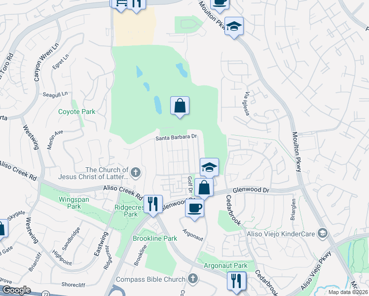 map of restaurants, bars, coffee shops, grocery stores, and more near 25 Golf Drive in Aliso Viejo