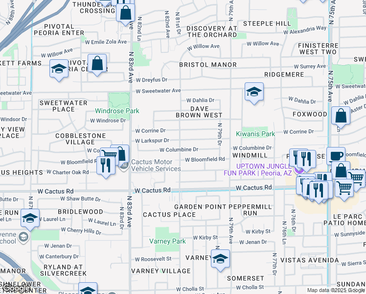 map of restaurants, bars, coffee shops, grocery stores, and more near 8044 West Columbine Drive in Peoria