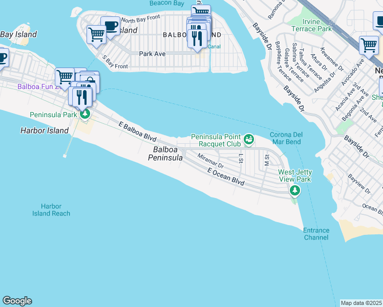 map of restaurants, bars, coffee shops, grocery stores, and more near 1513 Miramar Drive in Newport Beach